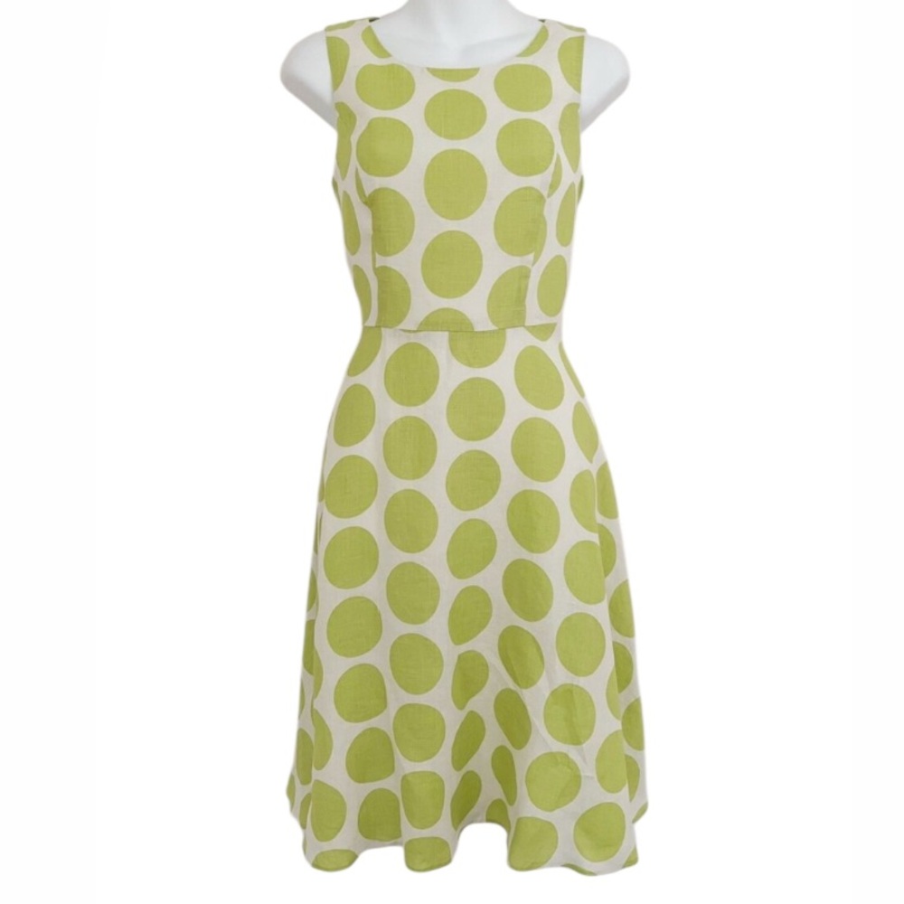 Talbots Vintage Stylish Green Polka Dot Linen Sun Dress Size 10
